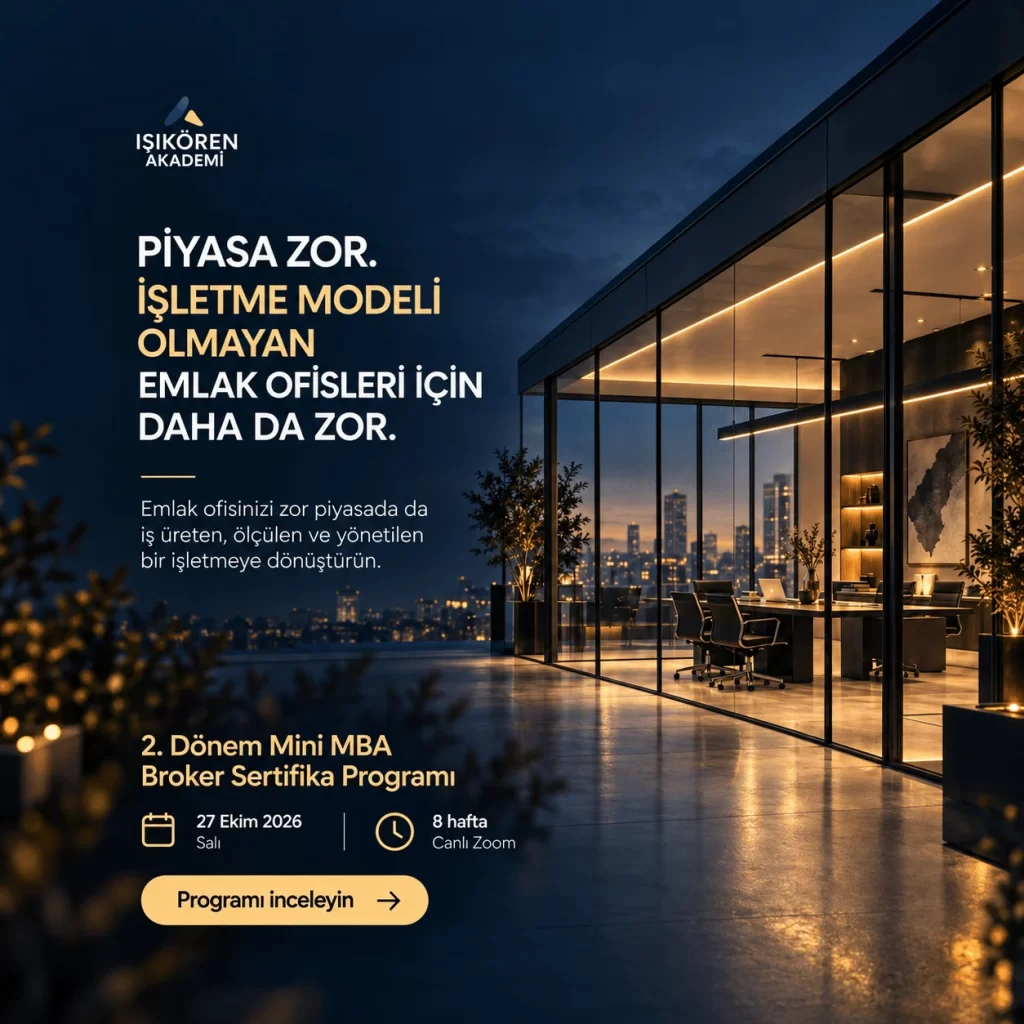 Mini MBA Broker Sertifika Programı — gece şehir manzarasında emlak ofisi